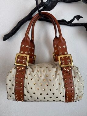 BE & D Studded Leather Garbo Satchel Beige/Cognac 2004